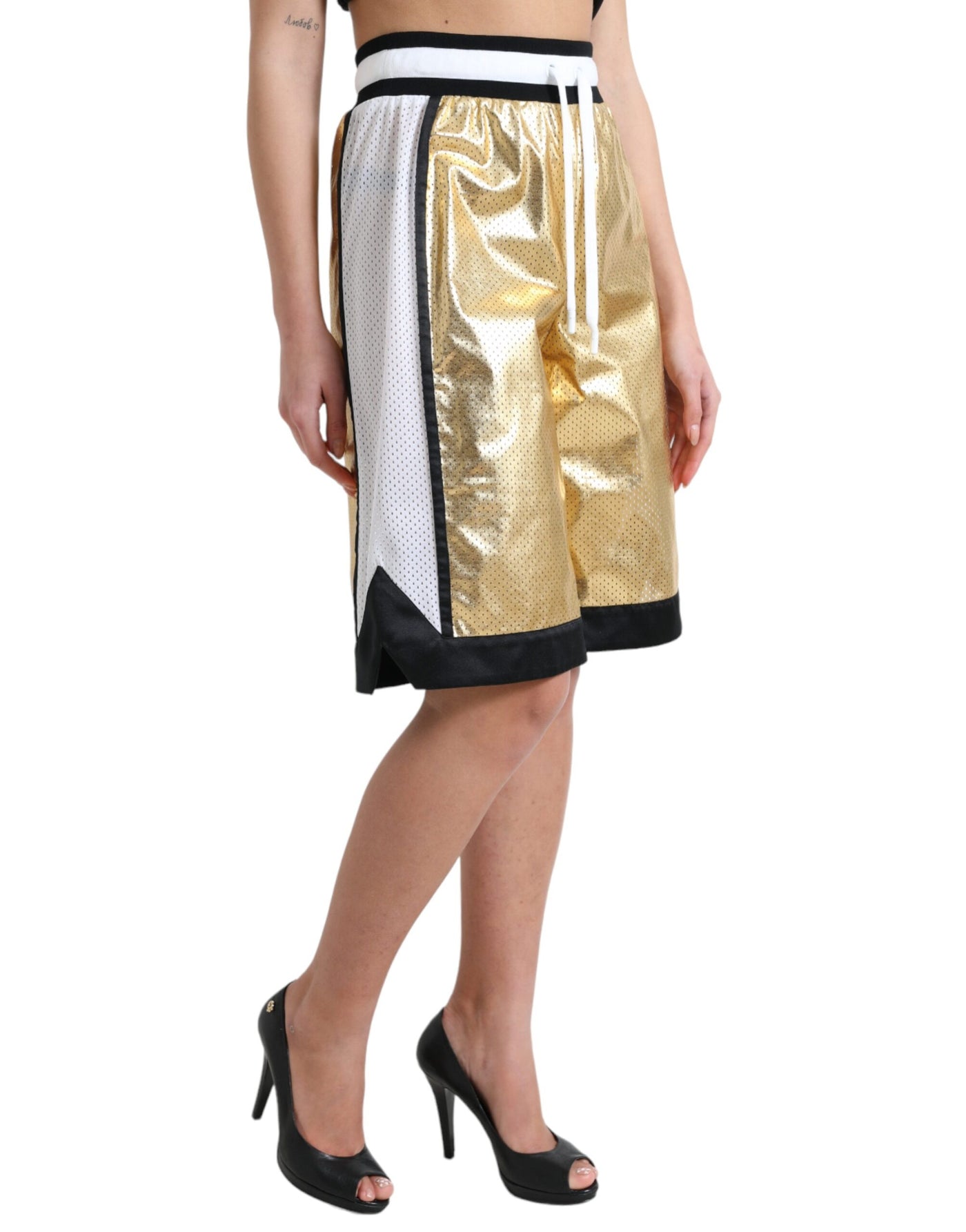Dolce & Gabbana Gold Polyester Perforated High Waist Shorts