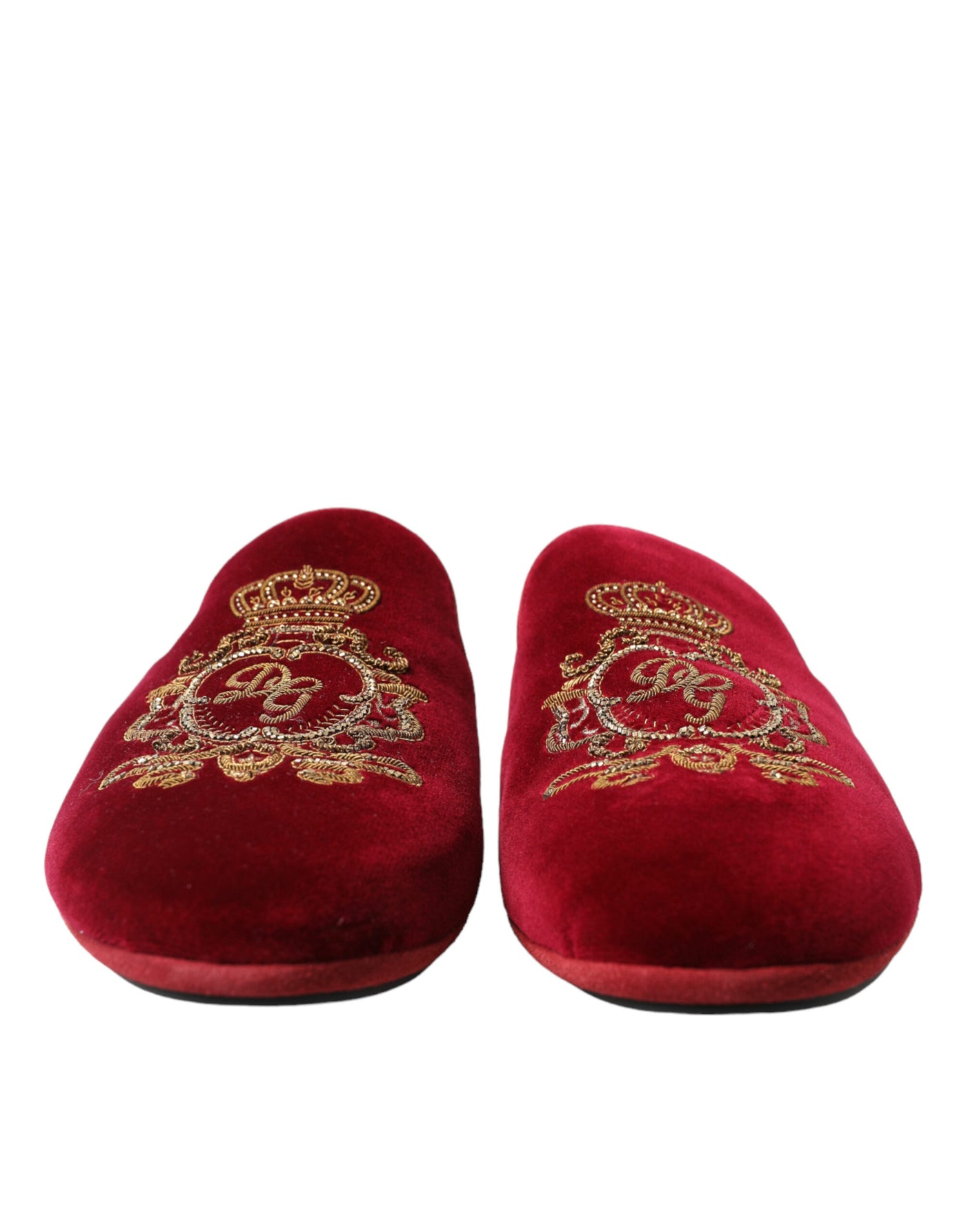Dolce & Gabbana Bordeaux Velvet Gold Crown Embroidery Slides Shoes