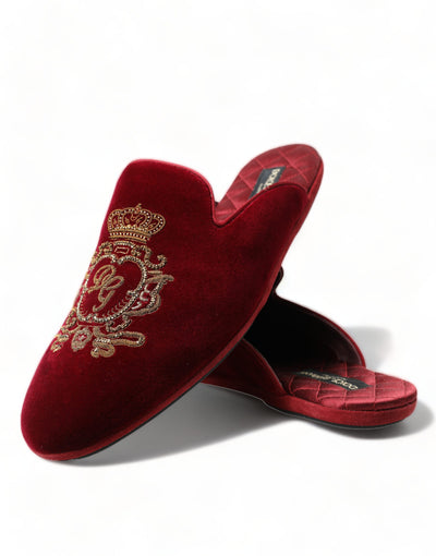 Dolce & Gabbana Bordeaux Velvet Gold Crown Embroidery Slides Shoes