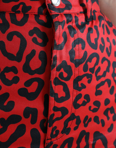 Dolce & Gabbana Red Leopard Print Cotton High Waist Mini Skirt