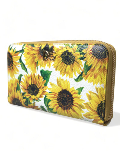 Dolce & Gabbana White Sunflower Leather DG Zip Around Continental Wallet