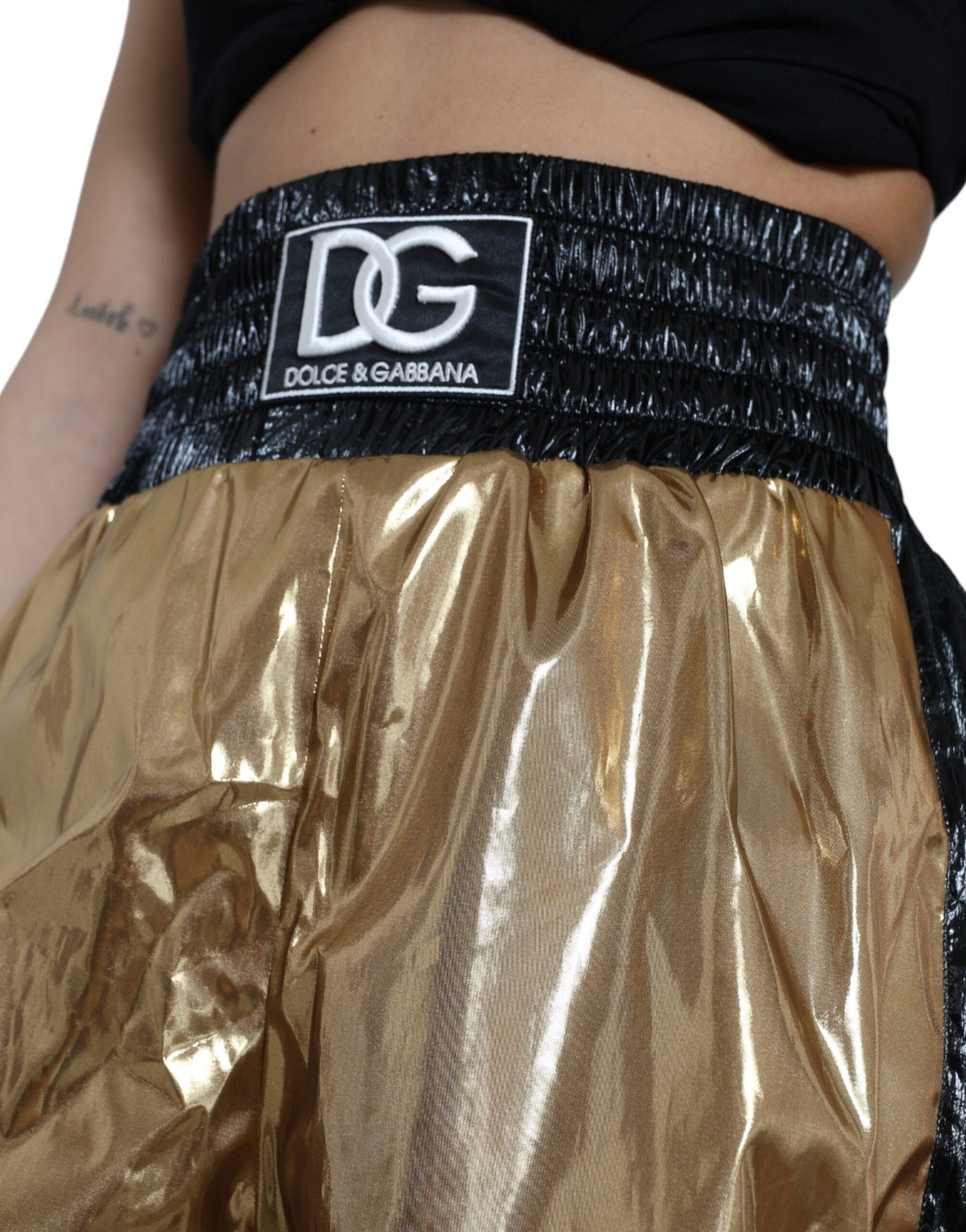 Dolce & Gabbana Metallic Gold Shirred High Waist Hot Pants Shorts