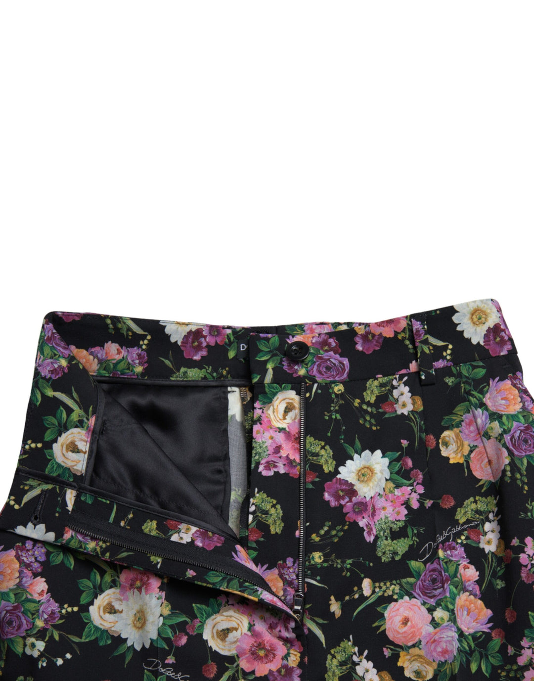 Dolce & Gabbana Black Floral Wool High Waist Wide Leg Pants