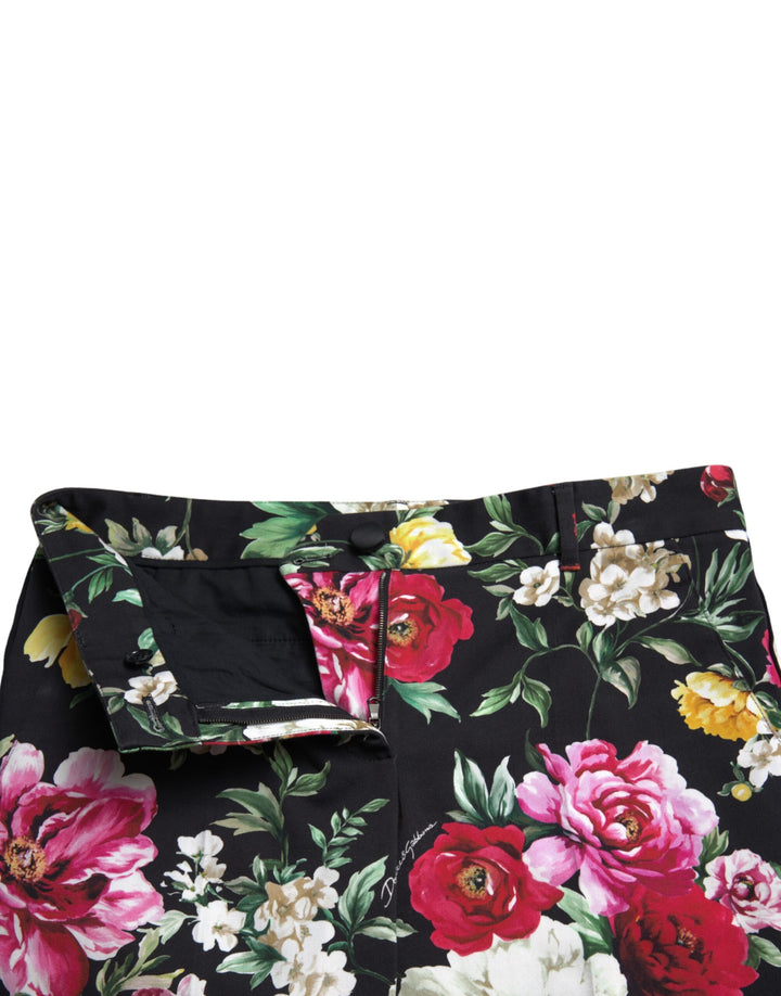 Dolce & Gabbana Black Floral Print Mid Waist Cropped Pants