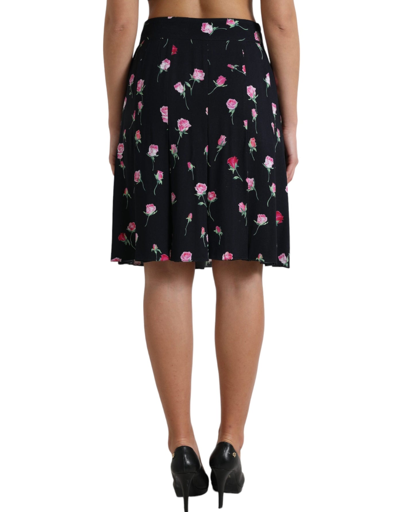 Dolce & Gabbana Black Rose High Waist A-line Knee Length Skirt