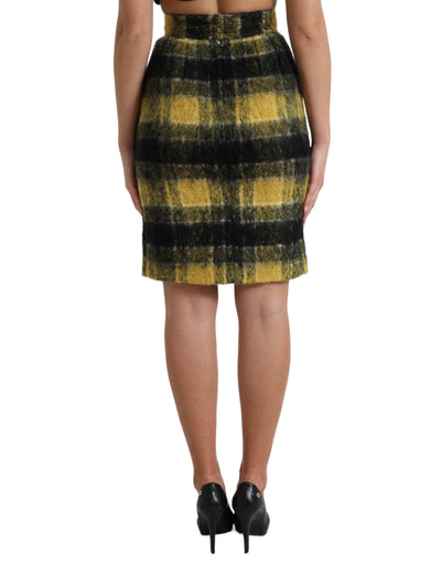 Dolce & Gabbana Yellow Black Brushed Checked Wool Pencil Cut Skirt
