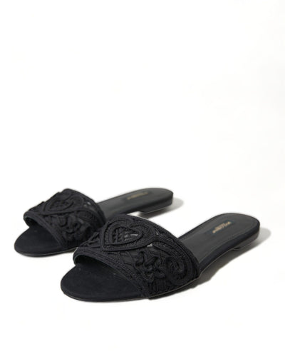 Black Cotton Heart Embroidery Sandals Shoes