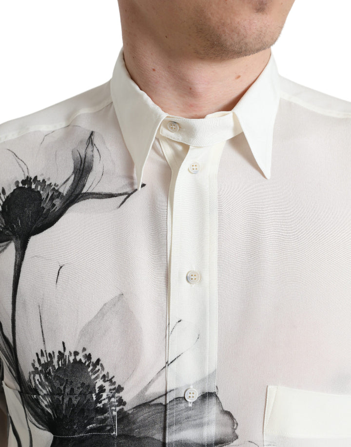 Dolce & Gabbana White Floral Collared Dress Silk Shirt
