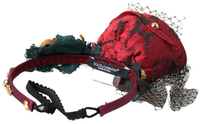 Dolce & Gabbana Red with multicolor Rose Silk Crystal Netted Logo Diadem Headband