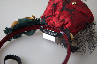 Dolce & Gabbana Red with multicolor Rose Silk Crystal Netted Logo Diadem Headband