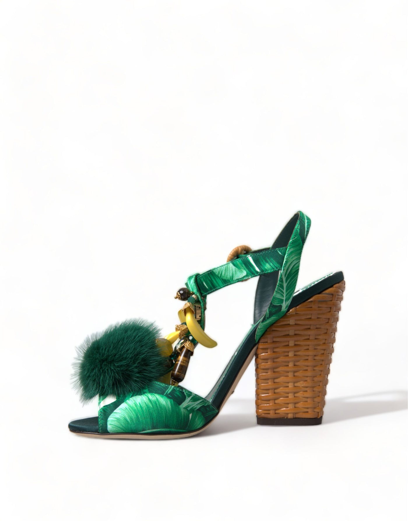 Green Banana Leaf Embellished T-Strap Sandals Shoes
