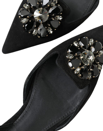 Black Leather Crystal Slingback Flats Shoes