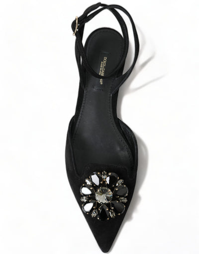 Black Leather Crystal Slingback Flats Shoes