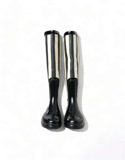 Black Rubber Knee High Flat Boots Shoes
