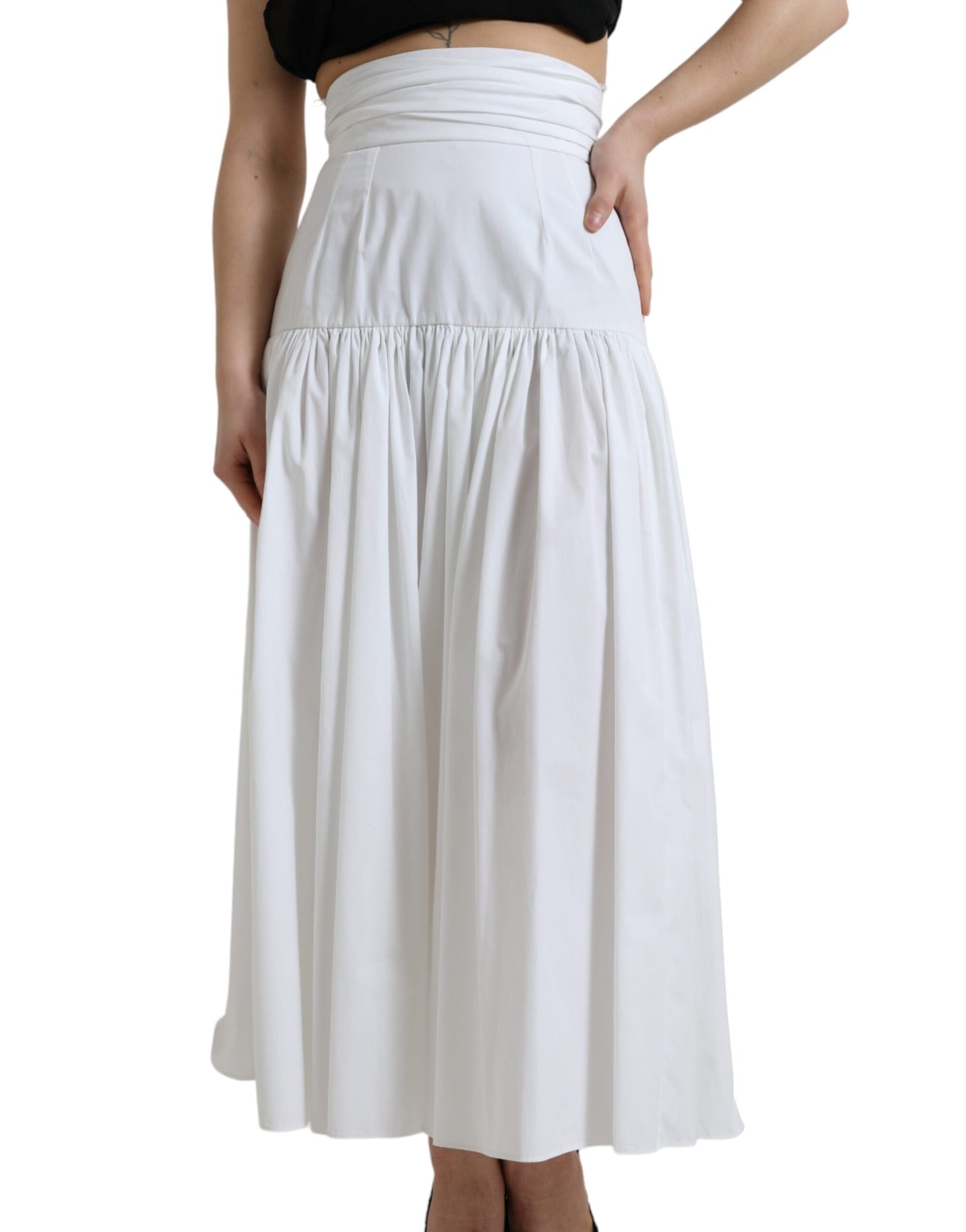 White Cotton Pleated A-line High Waist Skirt