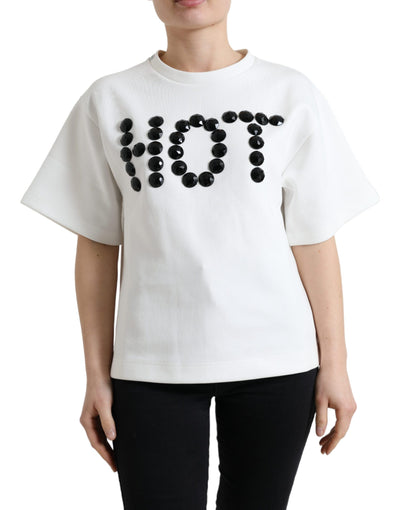 T-shirt White Cotton Stretch Black HOT Crystal