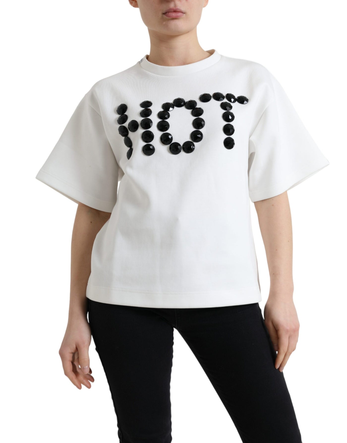 T-shirt White Cotton Stretch Black HOT Crystal