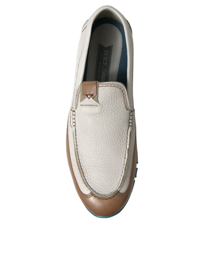 Dolce & Gabbana White Brown Leather Slip On Men Moccasin Shoes
