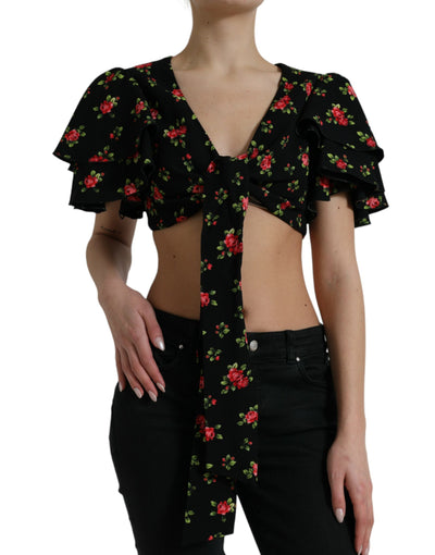Dolce & Gabbana Black Floral Print Short Sleeves Cropped Top