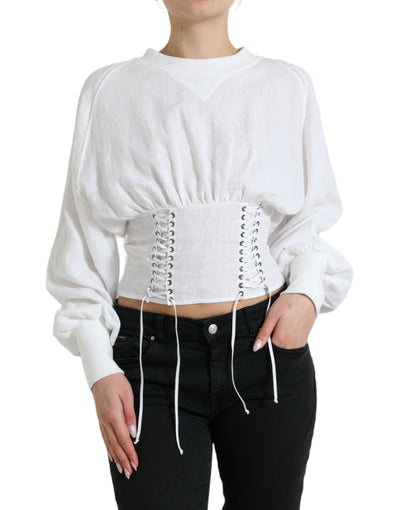 Dolce & Gabbana White Cotton Corset Cropped Long Sleeves Top