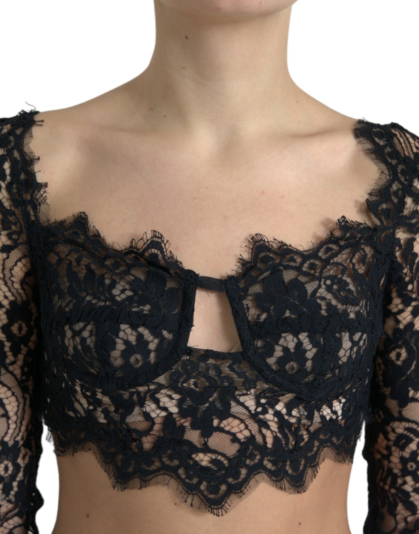 Dolce & Gabbana Black Nylon Floral Lace Bustier Cropped Top