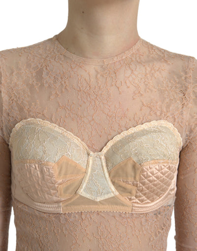 Dolce & Gabbana Beige Nylon Floral Lace Bustier Cropped Top