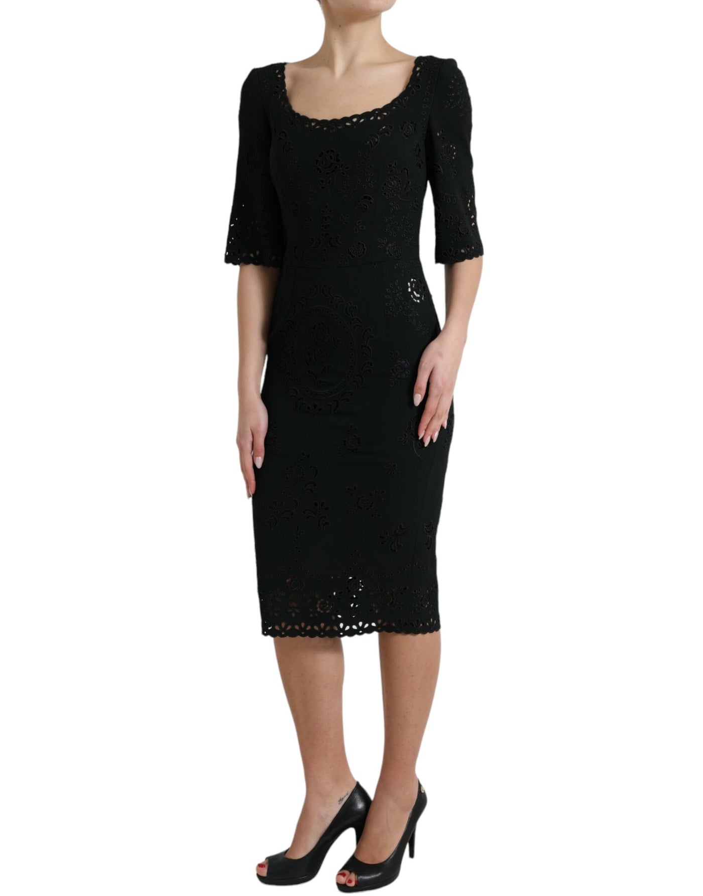 Dolce & Gabbana Black Floral Lace Viscose Bodycon Midi Dress