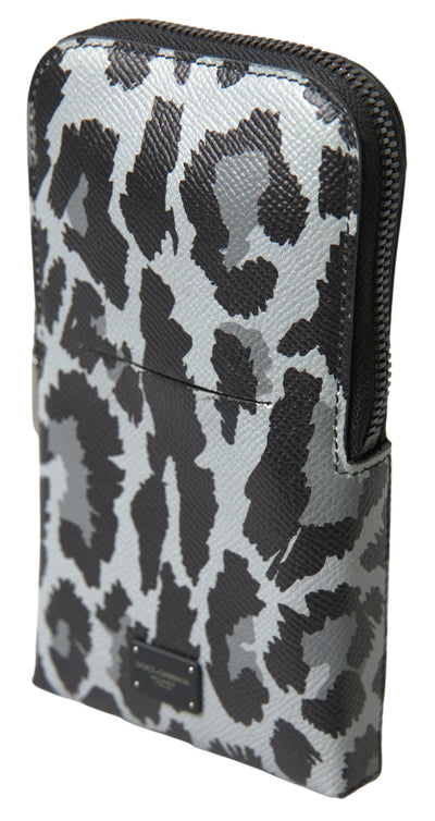 Dolce & Gabbana Gray Leopard Leather Men Purse Crossbody Sling Phone Bag