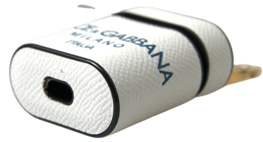 Dolce & Gabbana White Blue Calf Leather Logo Print Strap Airpods Case