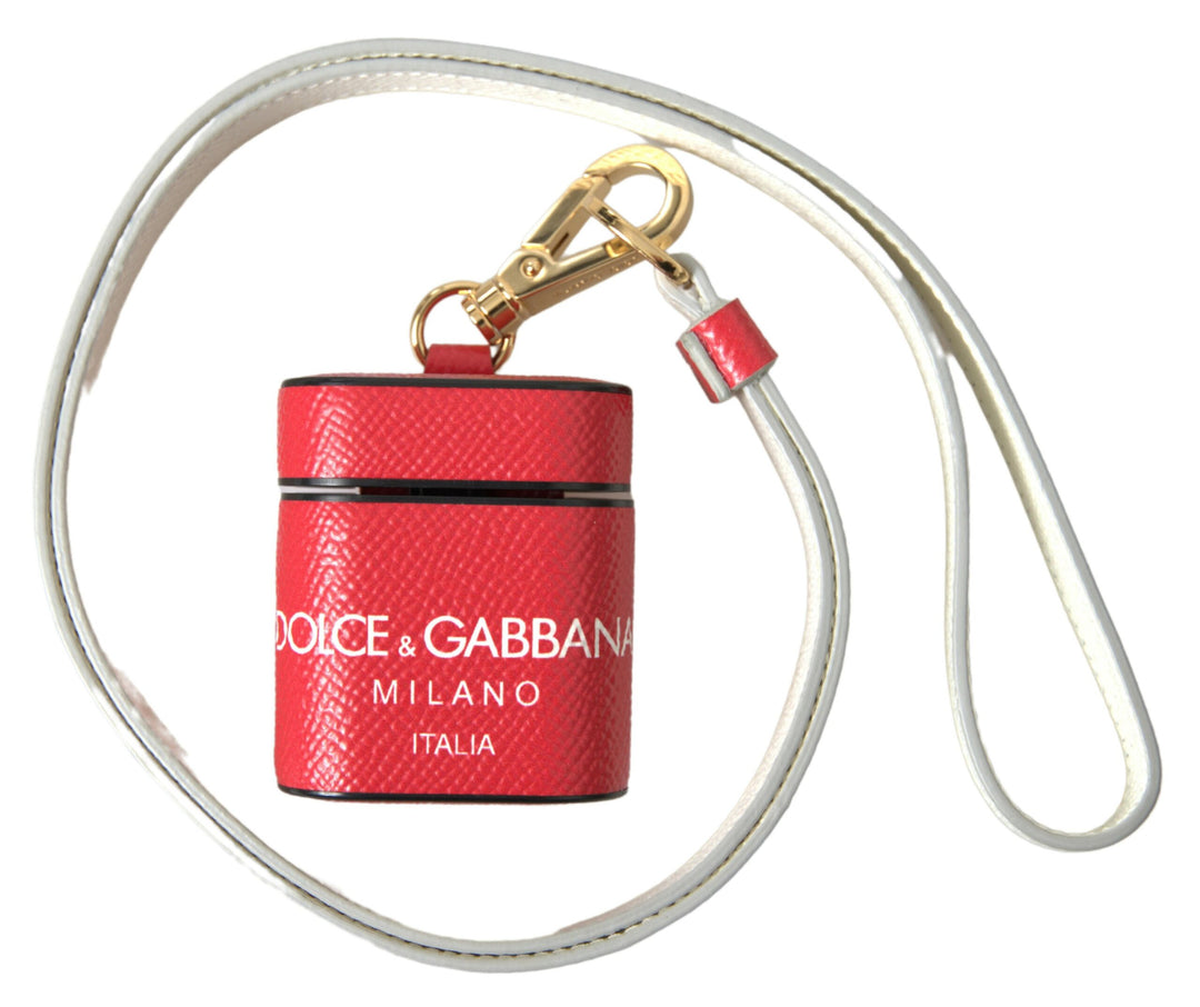 Dolce & Gabbana Red Leather Gold Tone Metal Logo Print Strap Airpods Case