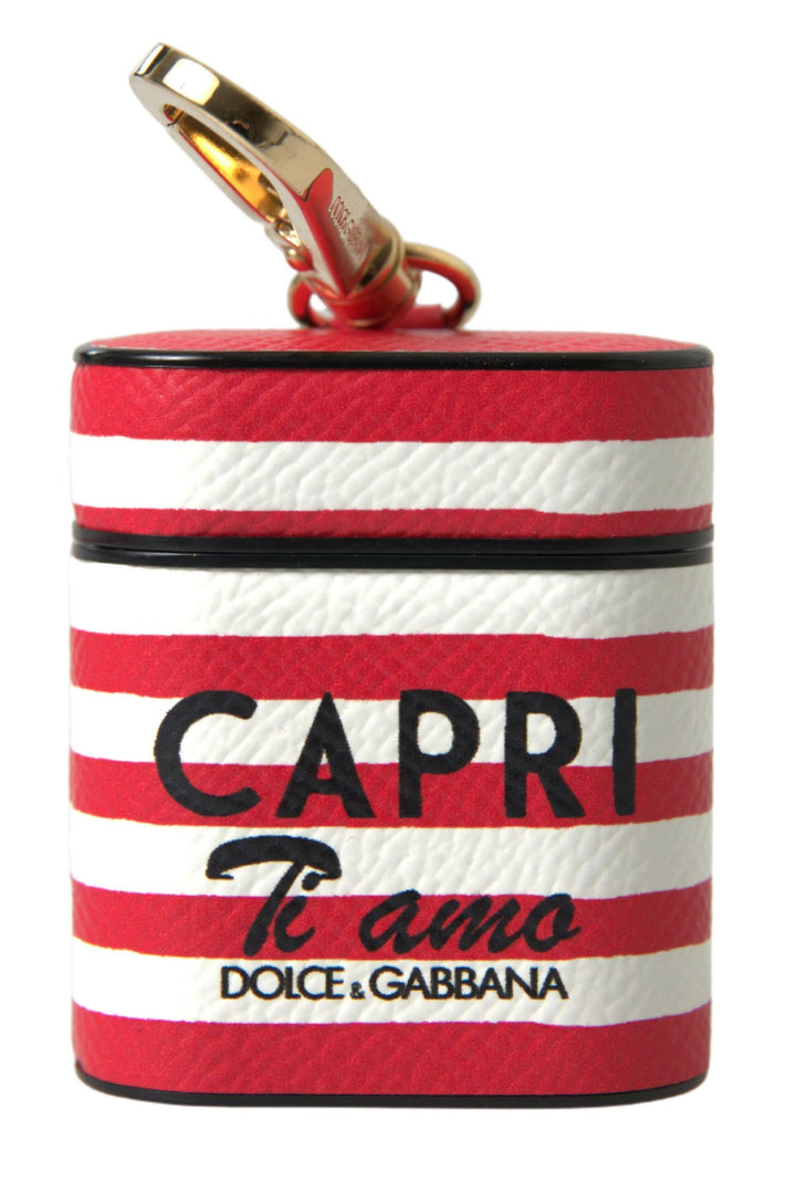 Dolce & Gabbana Red Stripe Dauphine Leather Logo Print Strap Airpod Case