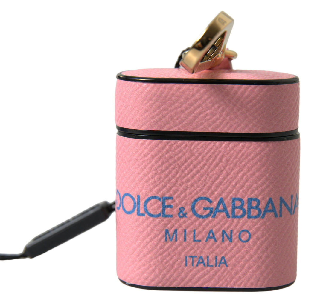 Dolce & Gabbana Pink Blue Calf Leather Logo Print Strap Airpods Case