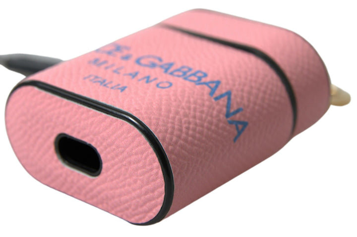 Dolce & Gabbana Pink Blue Calf Leather Logo Print Strap Airpods Case