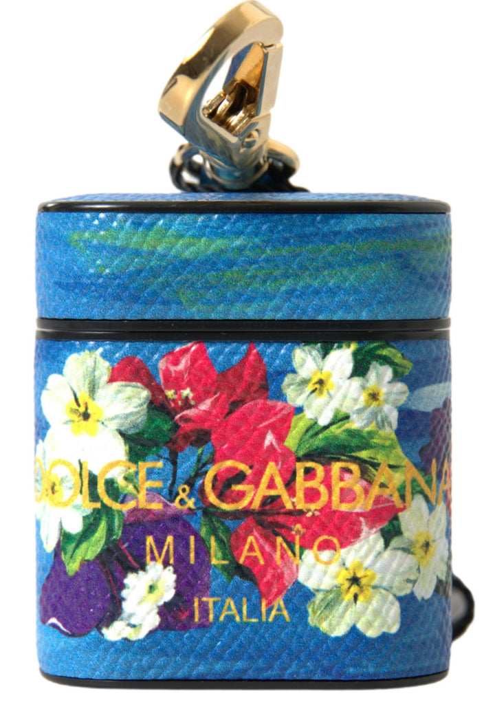 Dolce & Gabbana Blue Floral Dauphine Leather Logo Printed Airpods Case