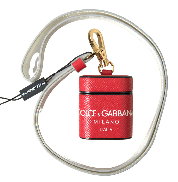 Dolce & Gabbana Red Leather Gold Tone Metal Logo Print Airpods Case