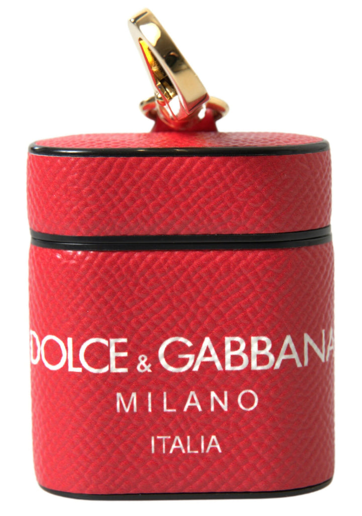 Dolce & Gabbana Red Leather Gold Tone Metal Logo Print Airpods Case