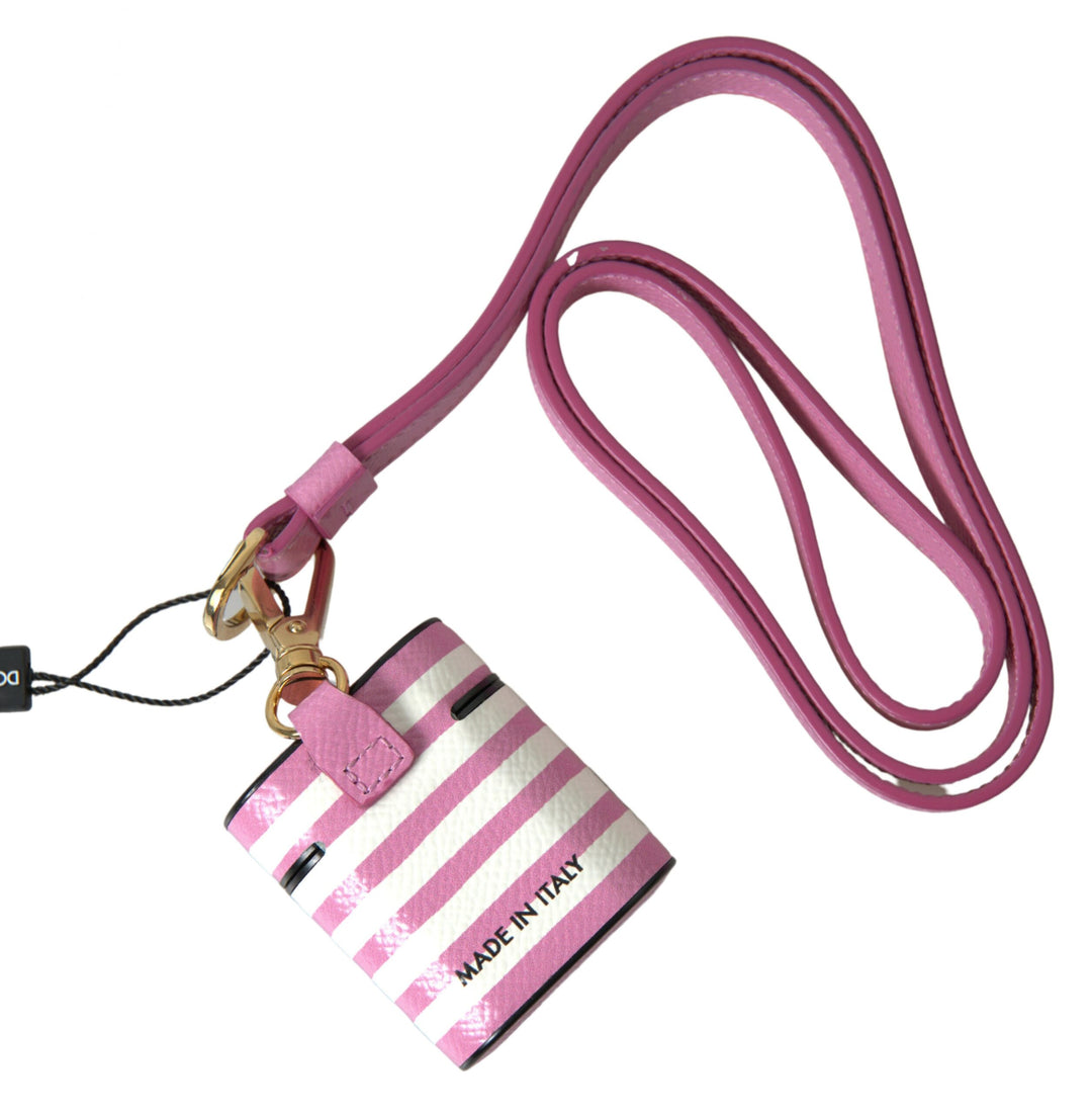 Dolce & Gabbana Pink Stripe Dauphine Leather Logo Print Strap Airpod Case