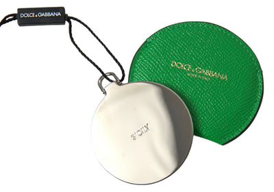 Dolce & Gabbana Green Calfskin Leather Round Logo Hand Mirror Holder