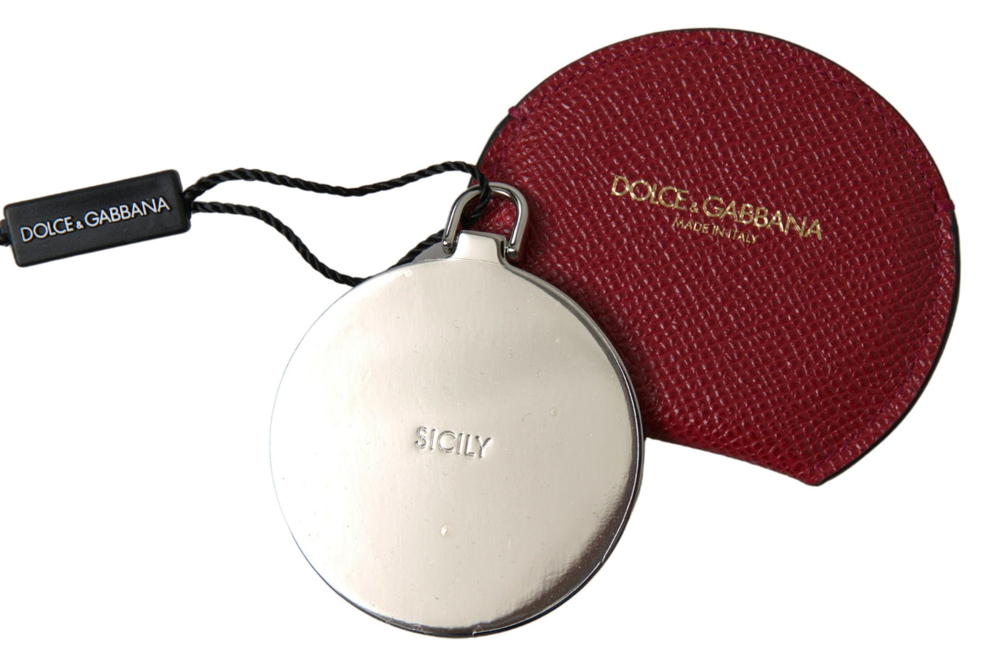 Dolce & Gabbana Red Calfskin Leather Round Hand Mirror Holder