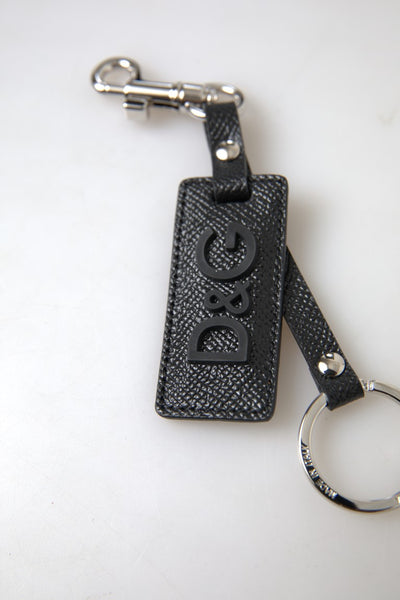 Dolce & Gabbana Black DG Logo Leather Silver Metal Keychain