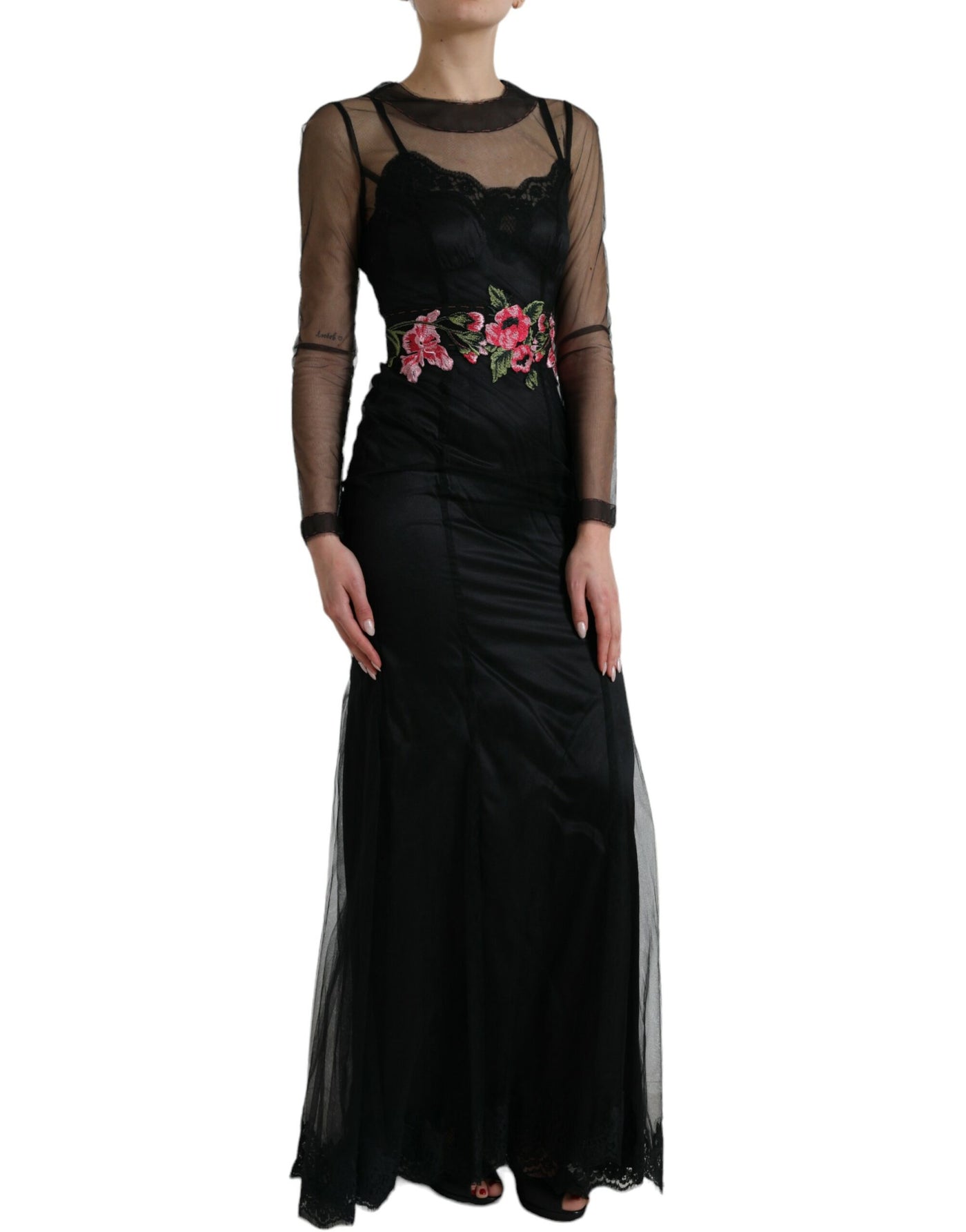 Dolce & Gabbana Black Floral Embroidery Mesh Tulle Gown Dress
