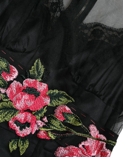 Dolce & Gabbana Black Floral Embroidery Mesh Tulle Gown Dress