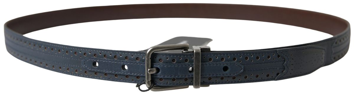 Dolce & Gabbana Blue Leather Perforated Metal Buckle Belt