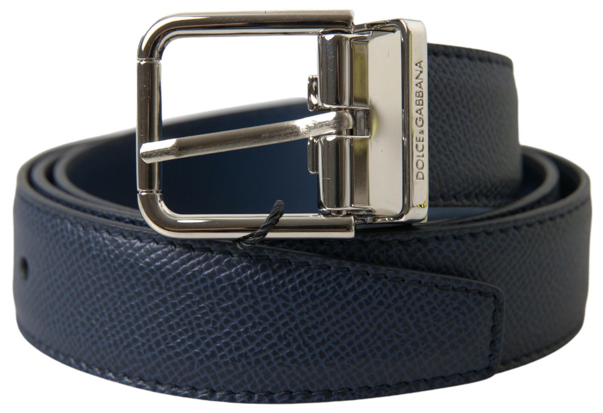 Dolce & Gabbana Blue Leather Silver Metal Buckle Belt