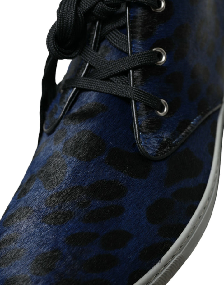 Dolce & Gabbana Blue Calfskin Leopard Mid Top Sneakers Shoes