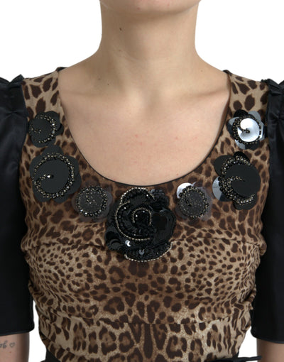 Dolce & Gabbana Black Brown Leopard Embellished Sheath Gown Dress