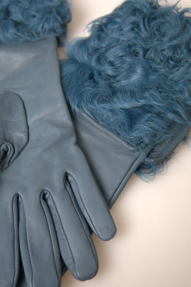 Dolce & Gabbana Blue Leather Fur Mid Arm Length Gloves