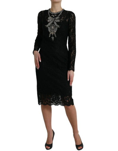 Dolce & Gabbana Black Lace Crystal Embellished Sheath Dress