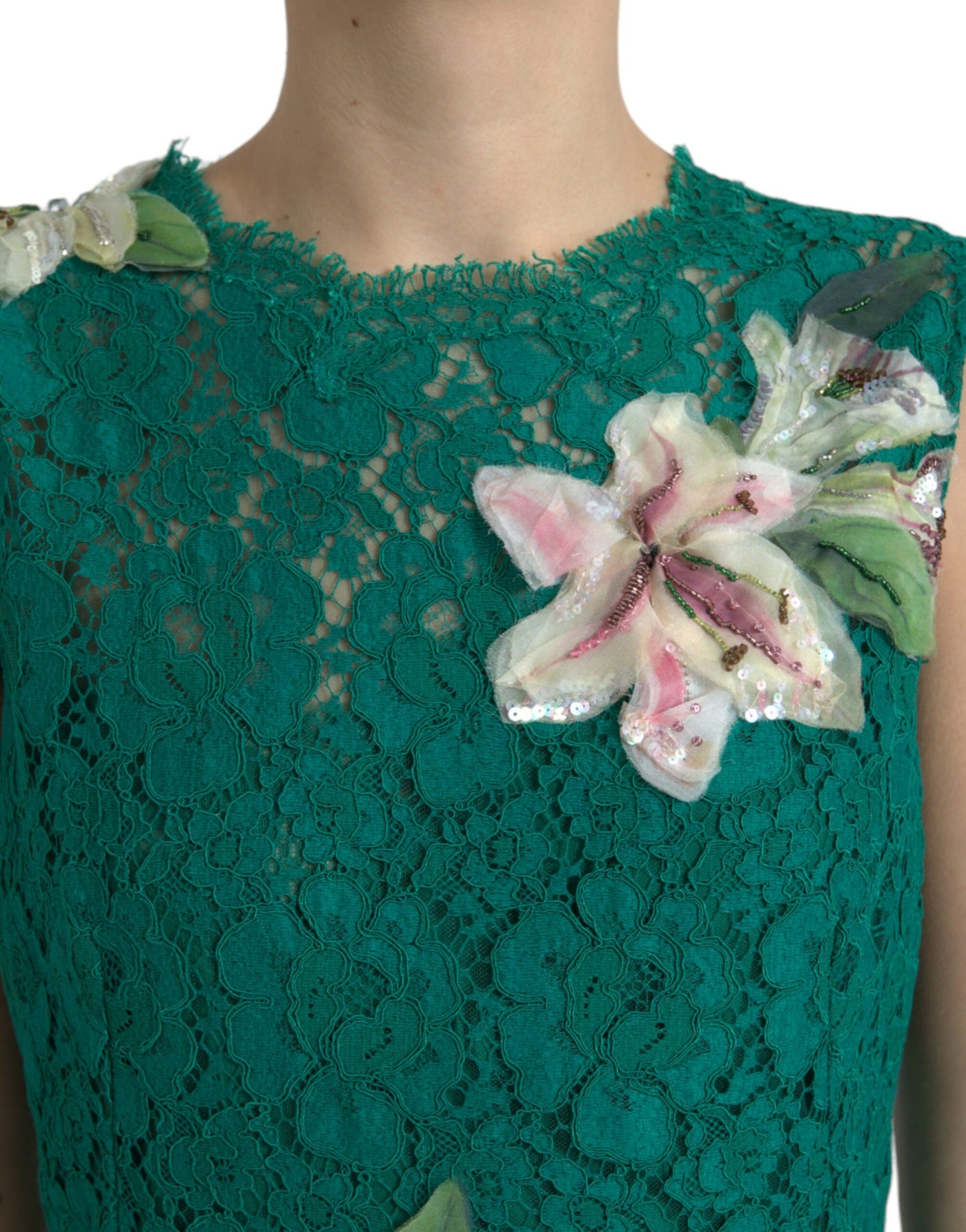 Dolce & Gabbana Green Lace Floral Applique Aline Midi Dress
