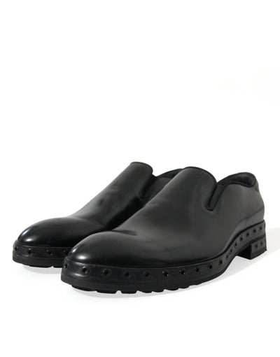Dolce & Gabbana Black Leather Studded Loafers Dress Shoes